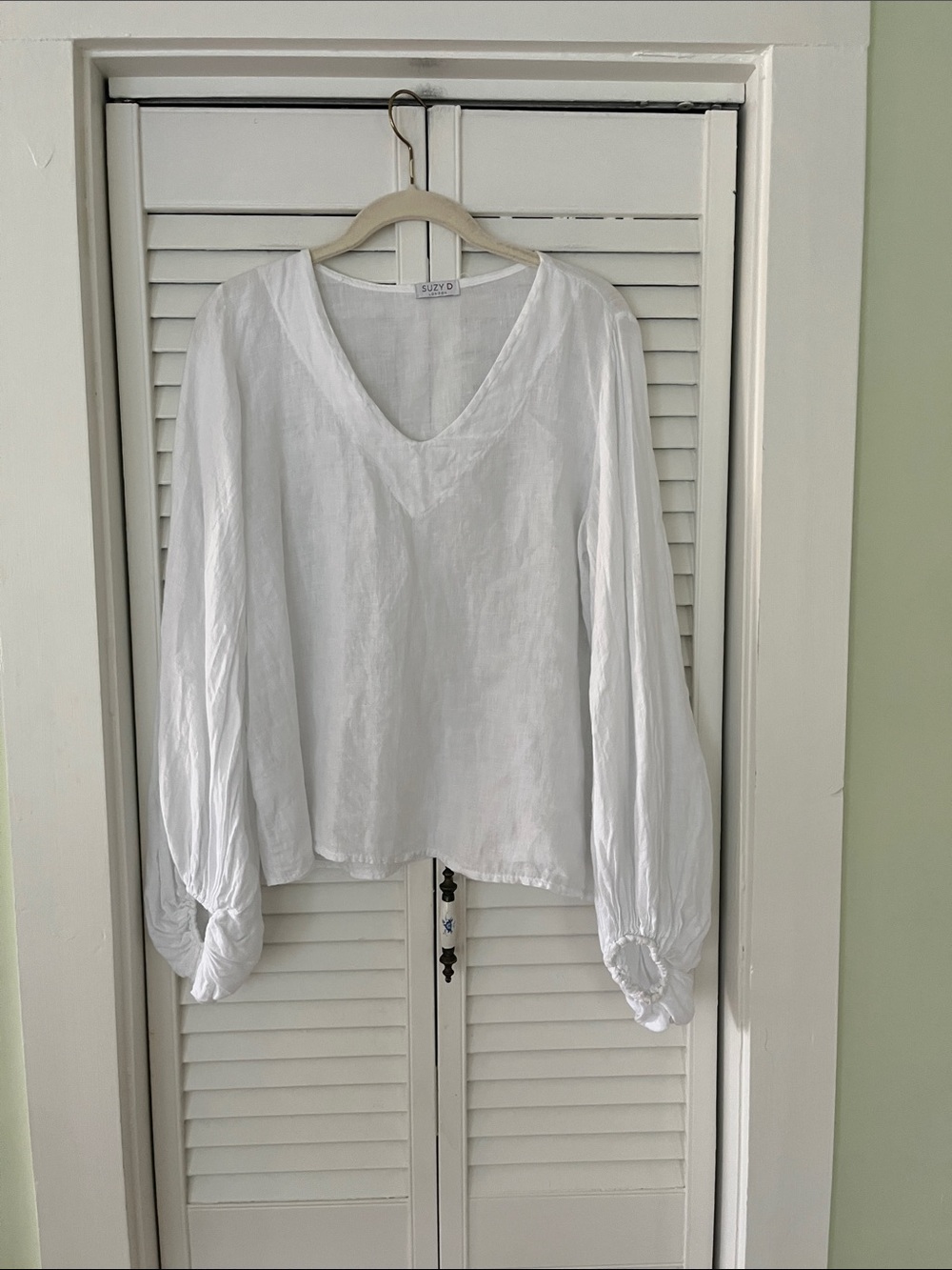 Suzy D Linen V Neck Puff Sleeve Top White Sz Large - Picture 5 of 5